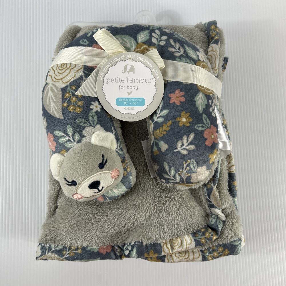 Petite l'amour Plush Baby Blanket Gift Koala Gray Blue Floral NWT Soft Fleece